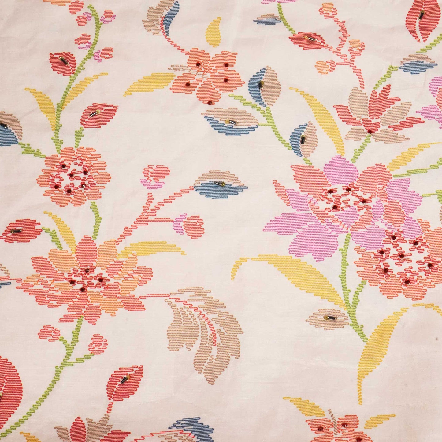 Baby Pink Floral Cutdana Embroidery Cotton Linen Fabric GT-25851