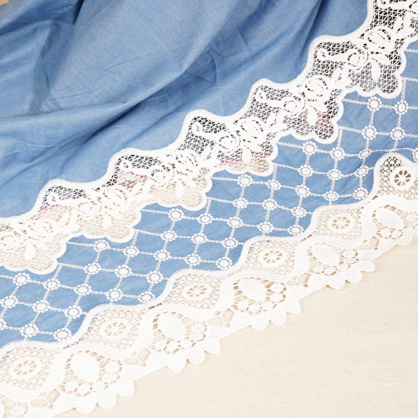 Blue Schiffli On Border Cotton Denim Fabric AF-25856
