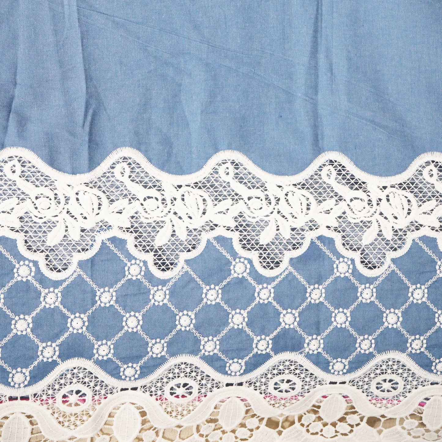 Blue Schiffli On Border Cotton Denim Fabric AF-25856