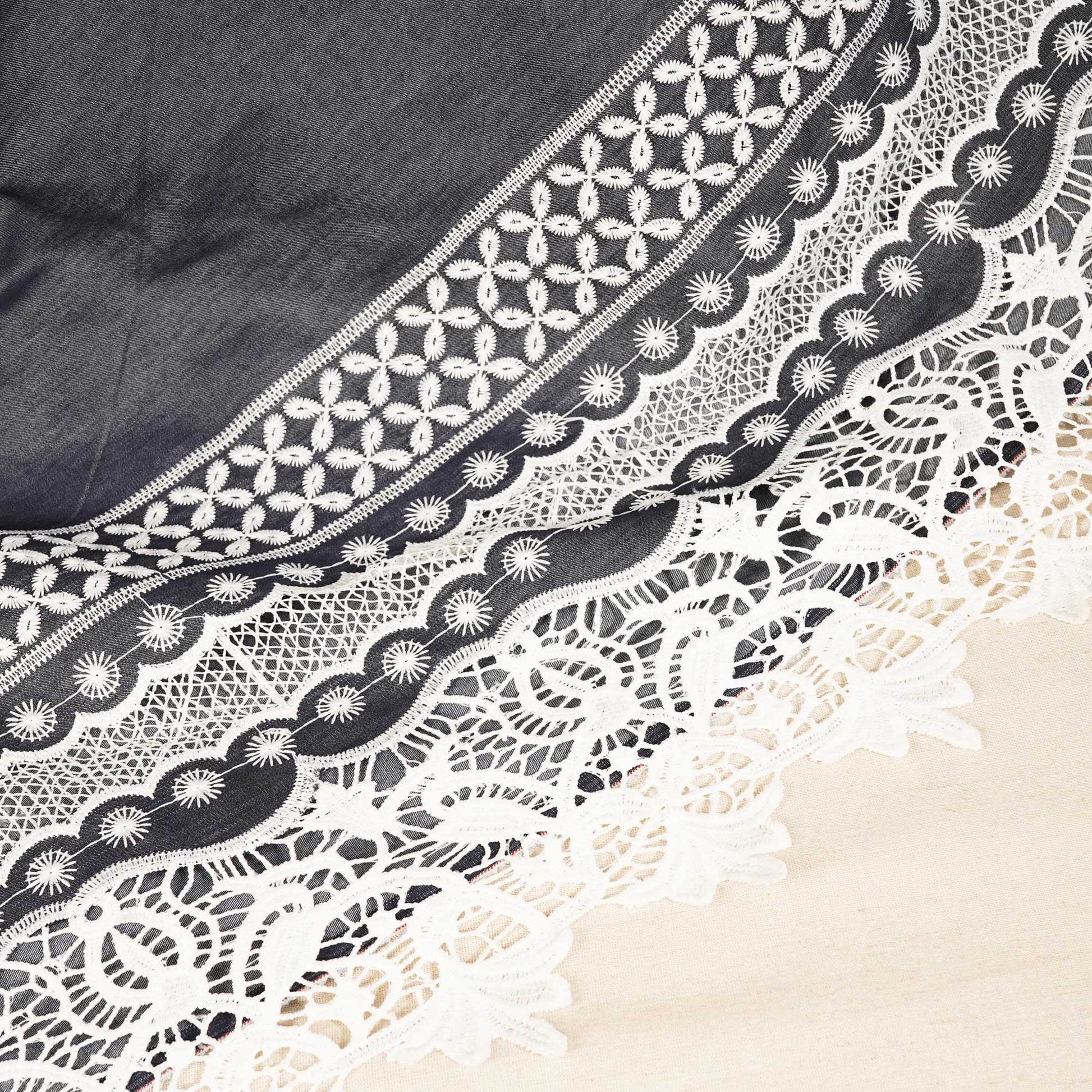 Indigo Schiffli On Border Cotton Denim Fabric AF-25857