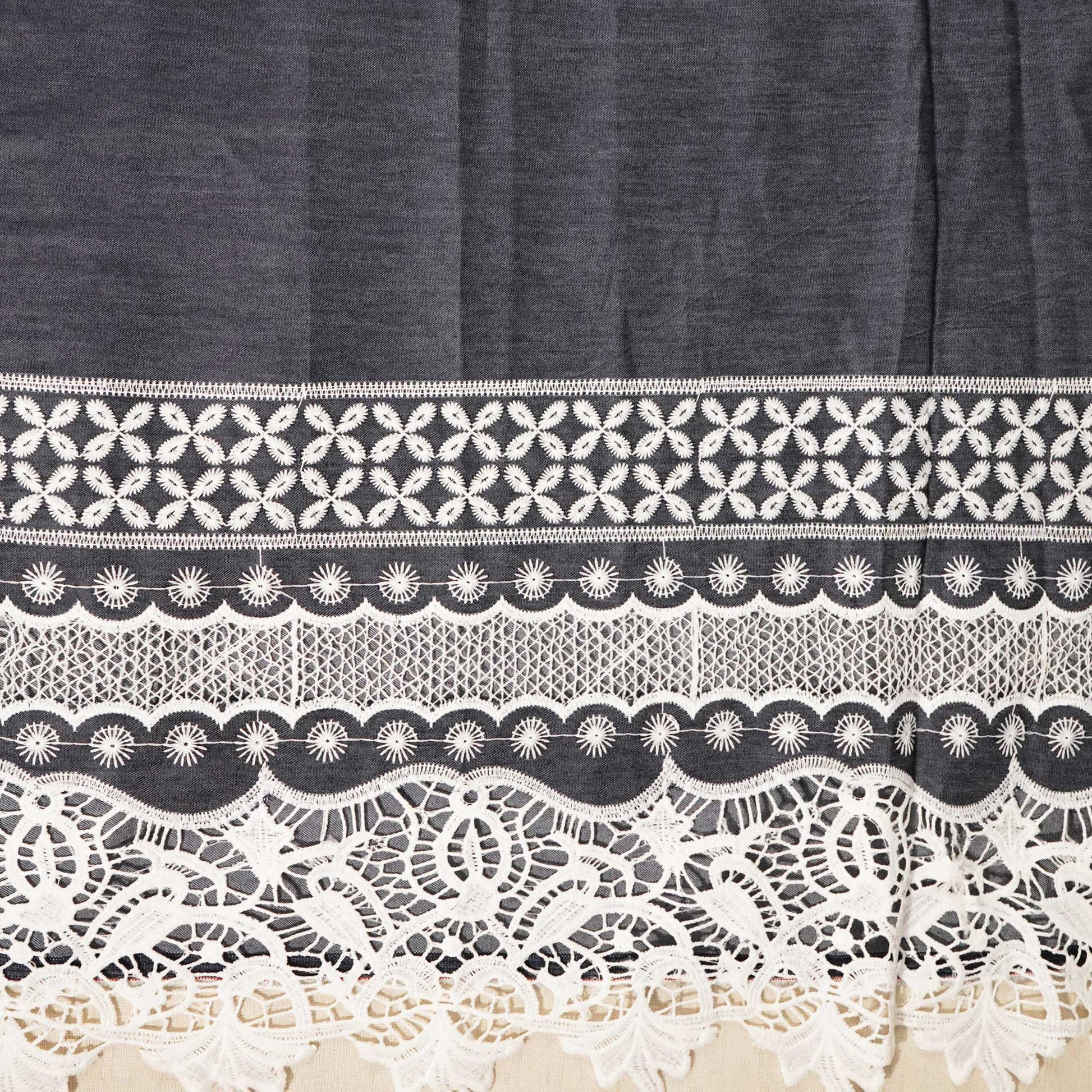 Indigo Schiffli On Border Cotton Denim Fabric AF-25857