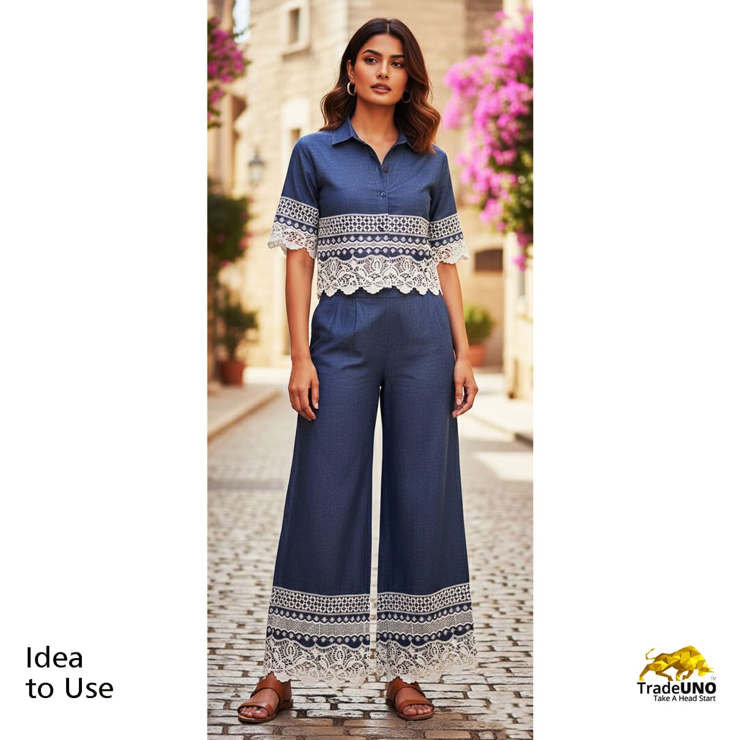 Indigo Schiffli On Border Cotton Denim Fabric AF-25857