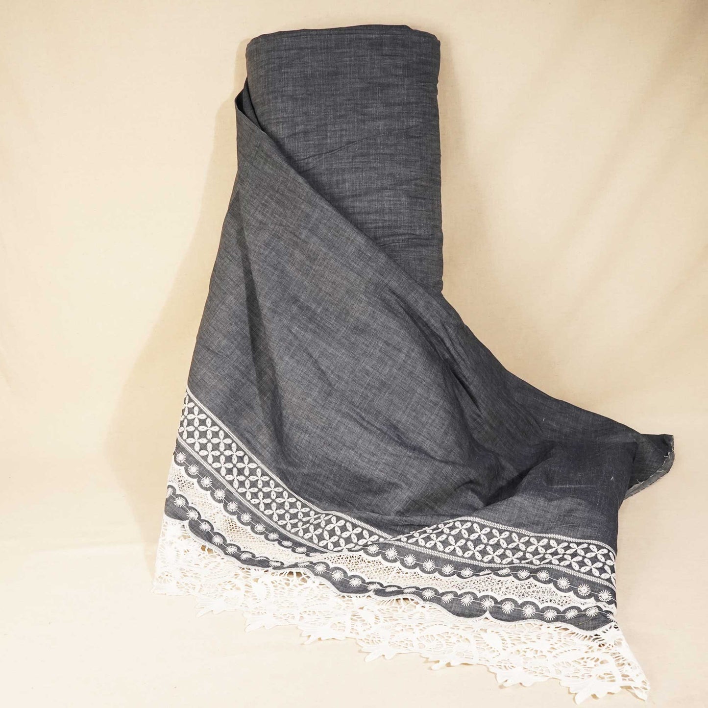 Grey Schiffli On Border Cotton Denim Fabric AF-25859