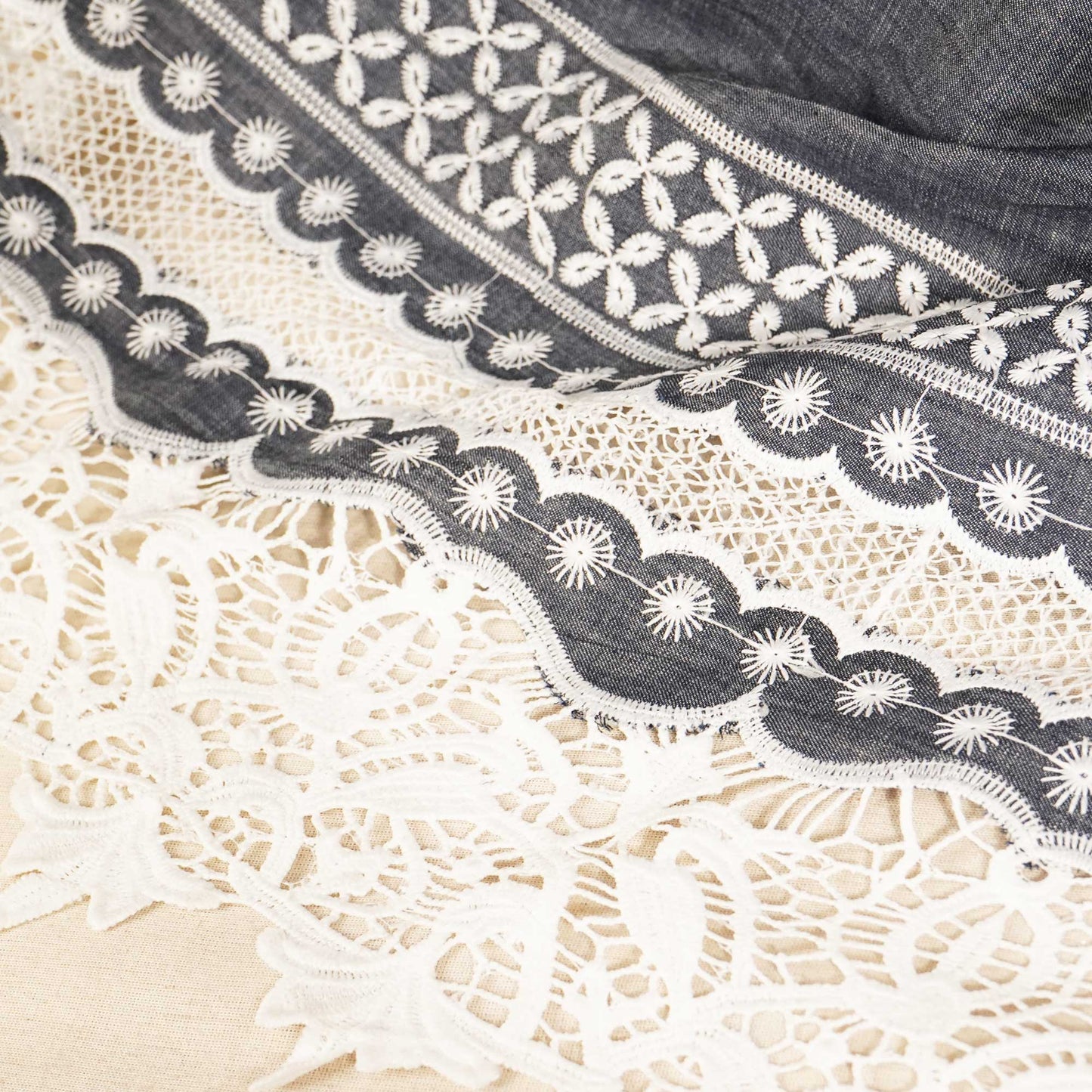 Grey Schiffli On Border Cotton Denim Fabric AF-25859
