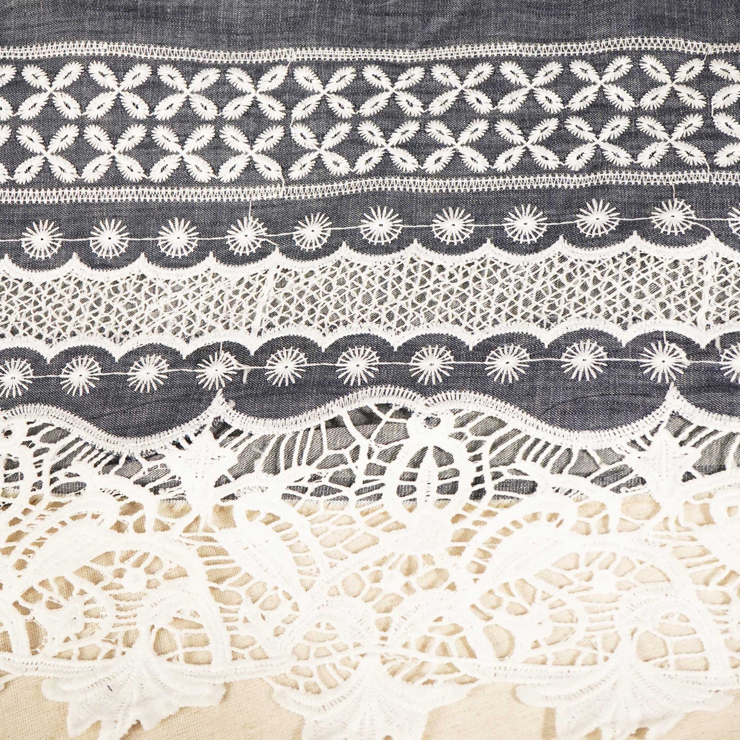 Grey Schiffli On Border Cotton Denim Fabric AF-25859