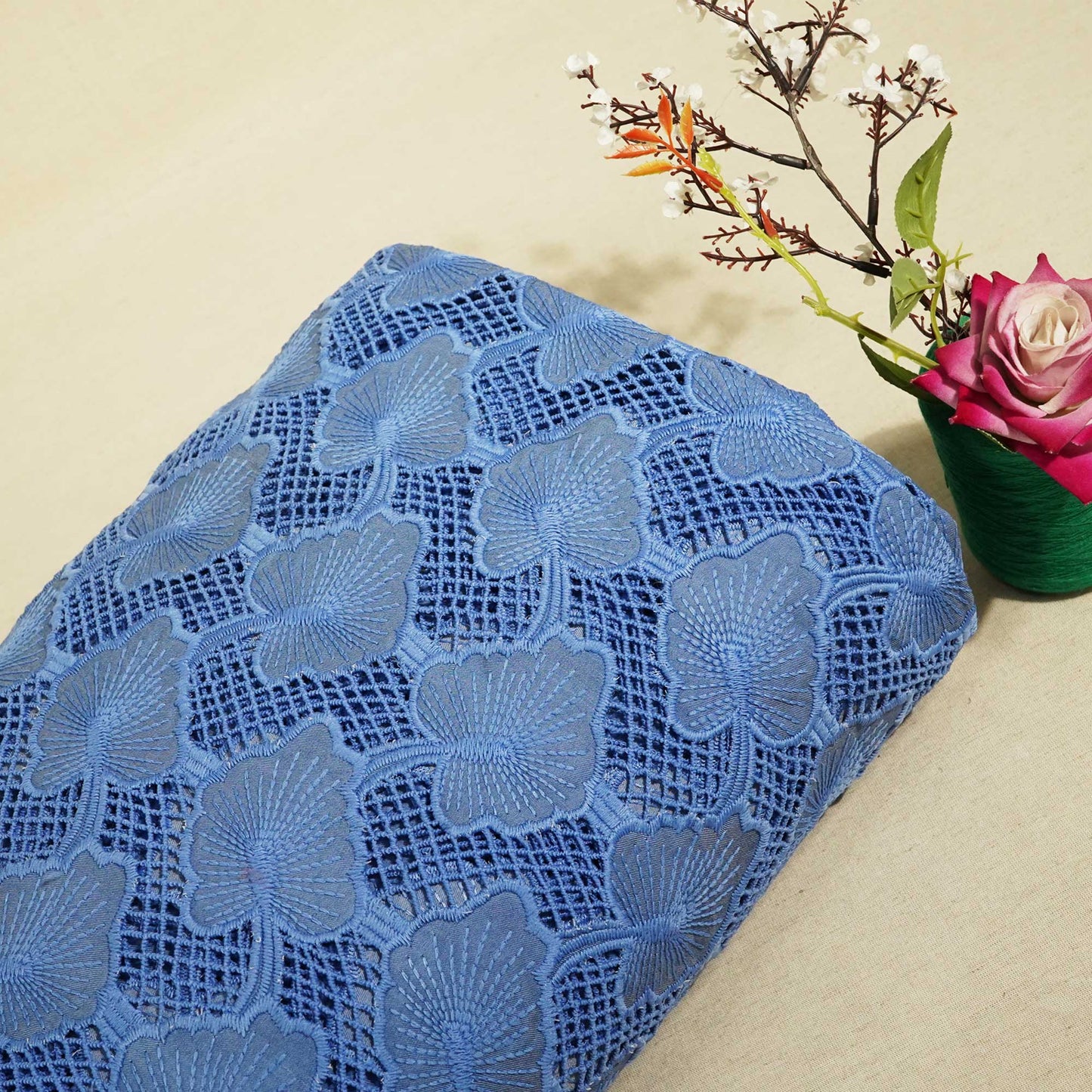 Blue Floral Crochet Cotton Denim Fabric AF-25860