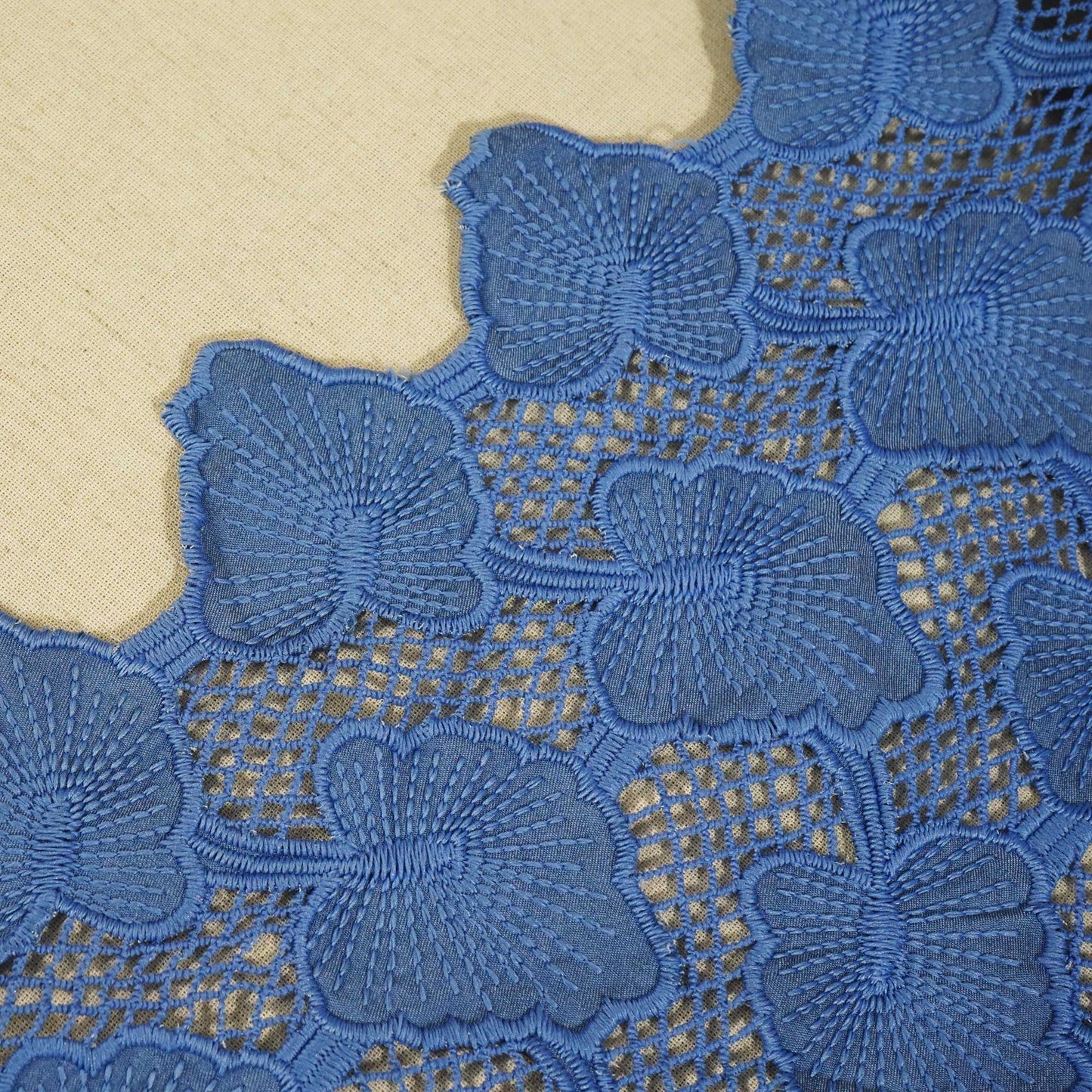 Blue Floral Crochet Cotton Denim Fabric AF-25860