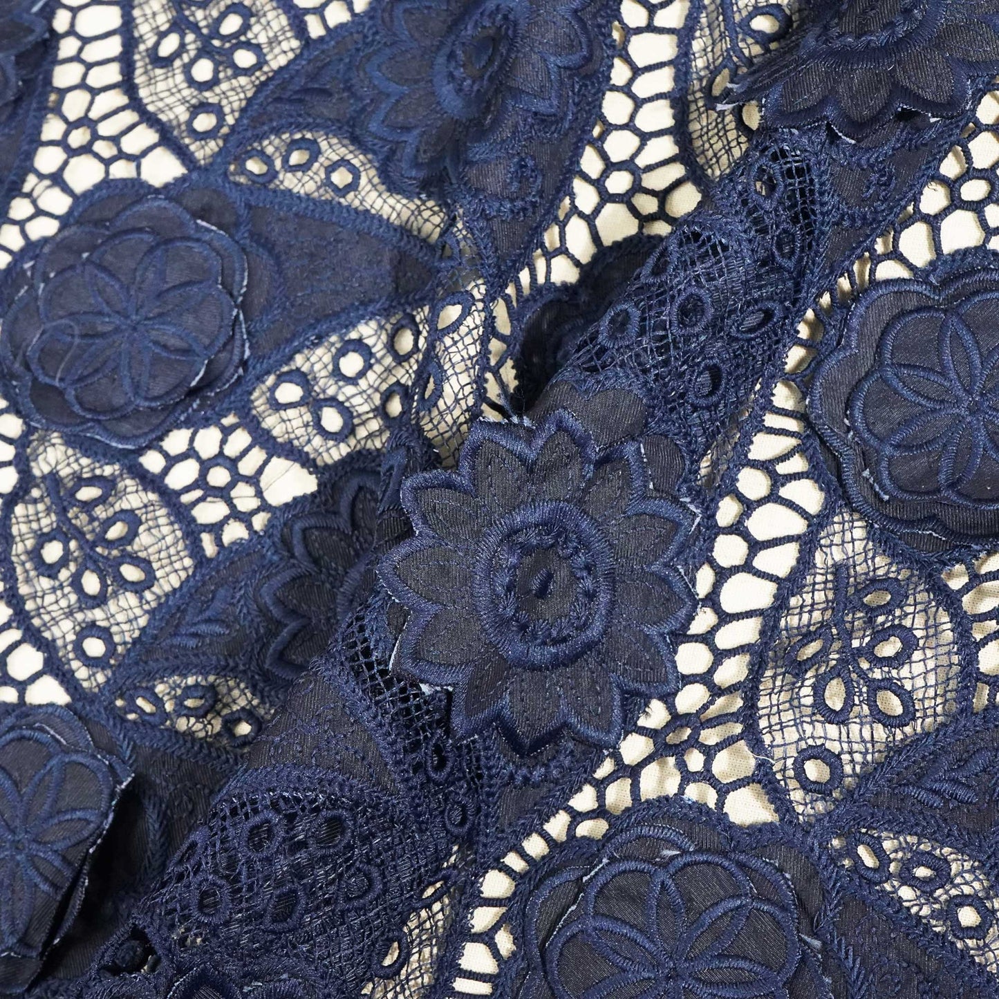 Indigo Floral Crochet Cotton Denim Fabric AF-25861