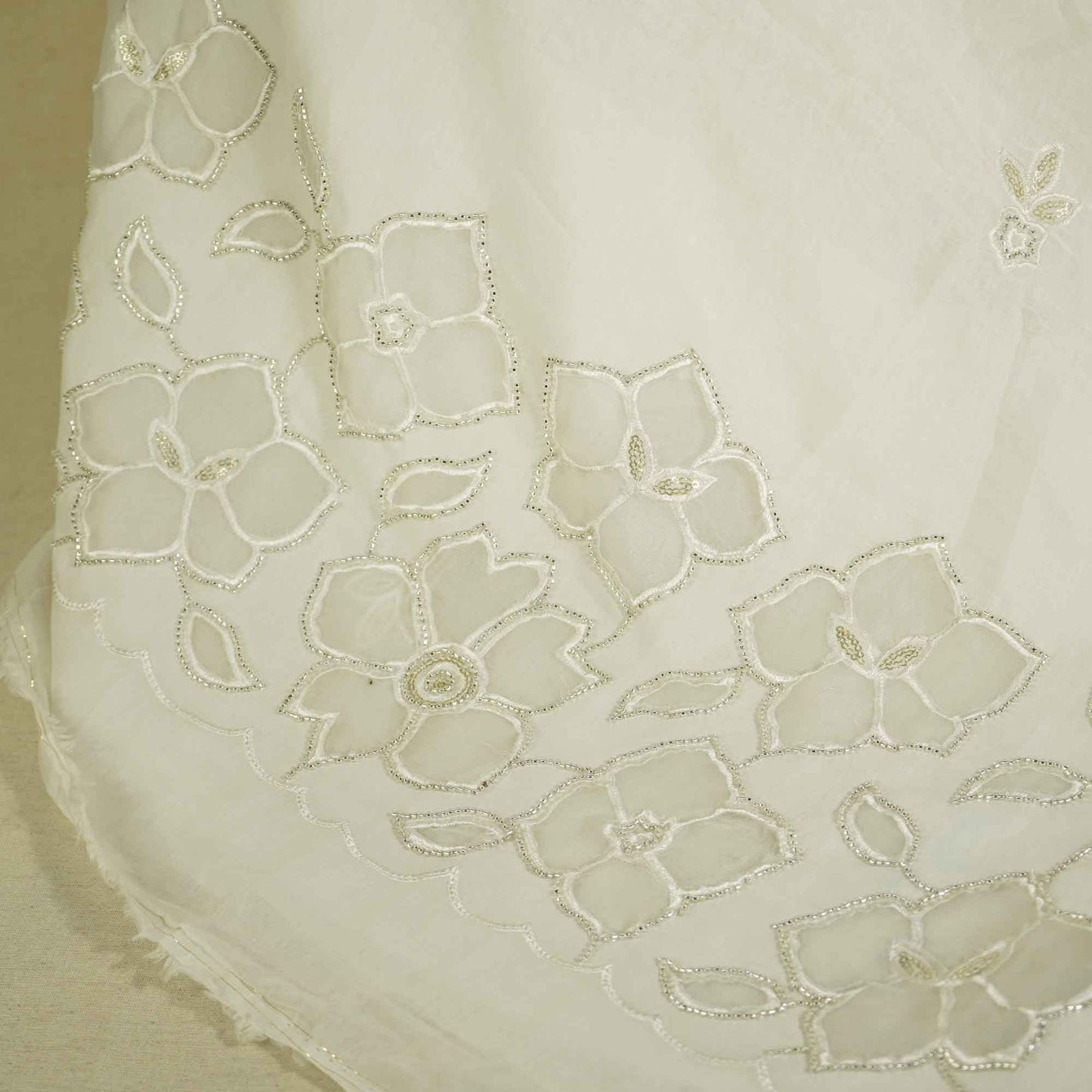 White Floral Cutwork Embroidery Dyeable Chanderi Fabric MTF-25874