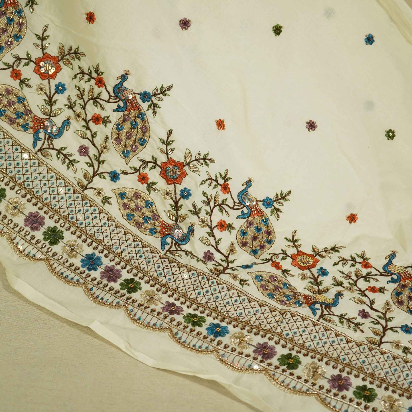 White Cutdana and Thread Embroidery Dyeable Cotton Fabric MTF-25876