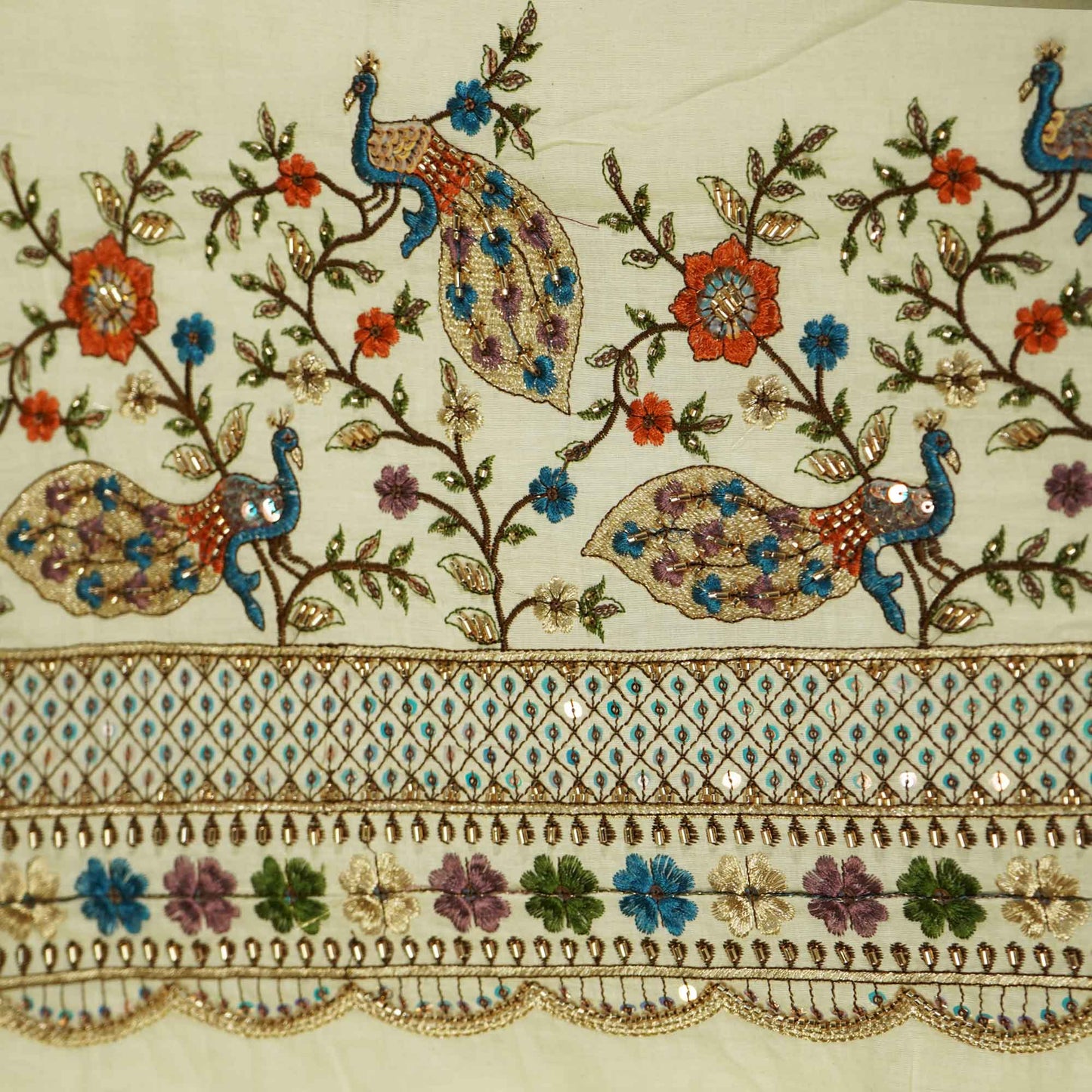 White Cutdana and Thread Embroidery Dyeable Cotton Fabric MTF-25876