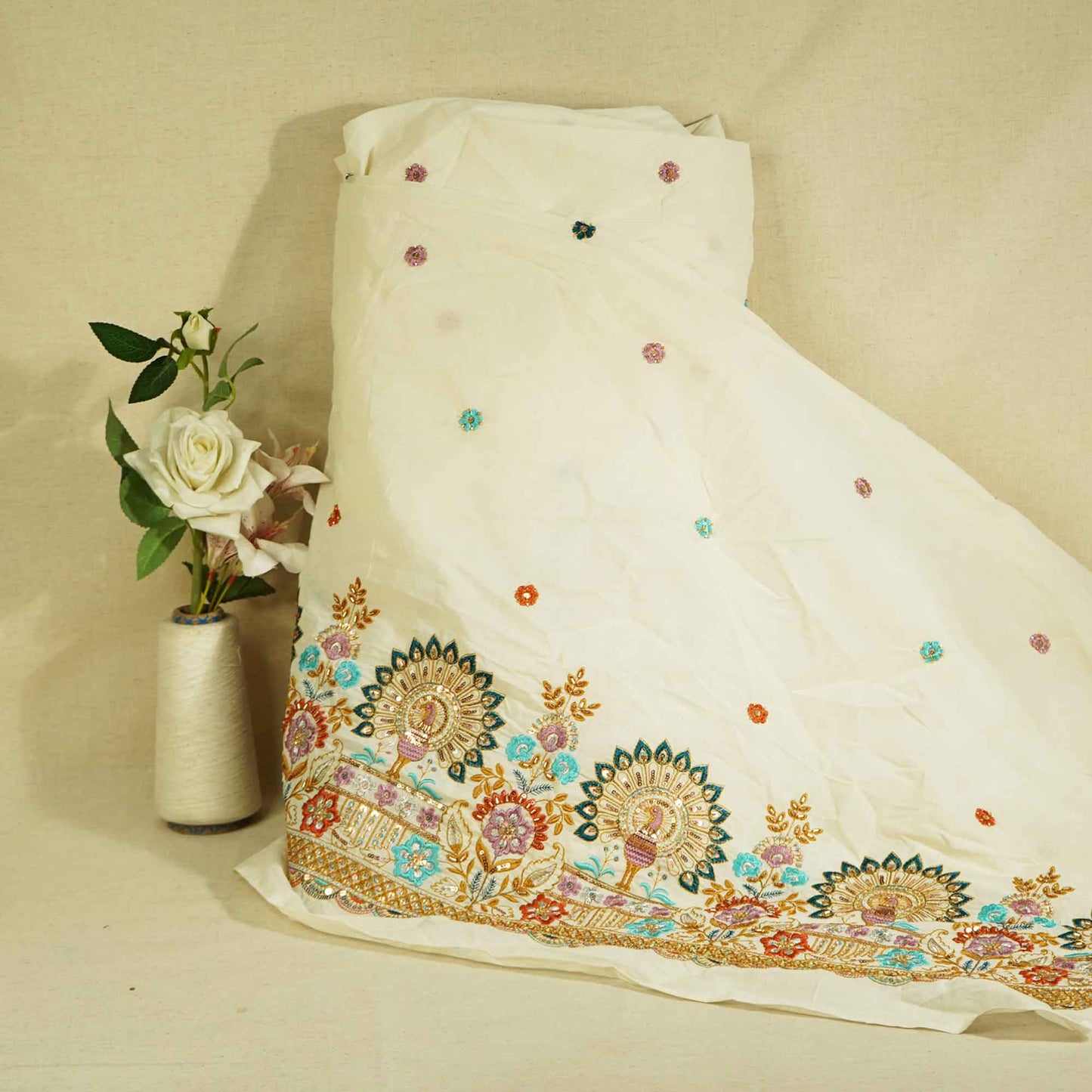 White Cutdana and Thread Embroidery Dyeable Cotton Fabric MTF-25877