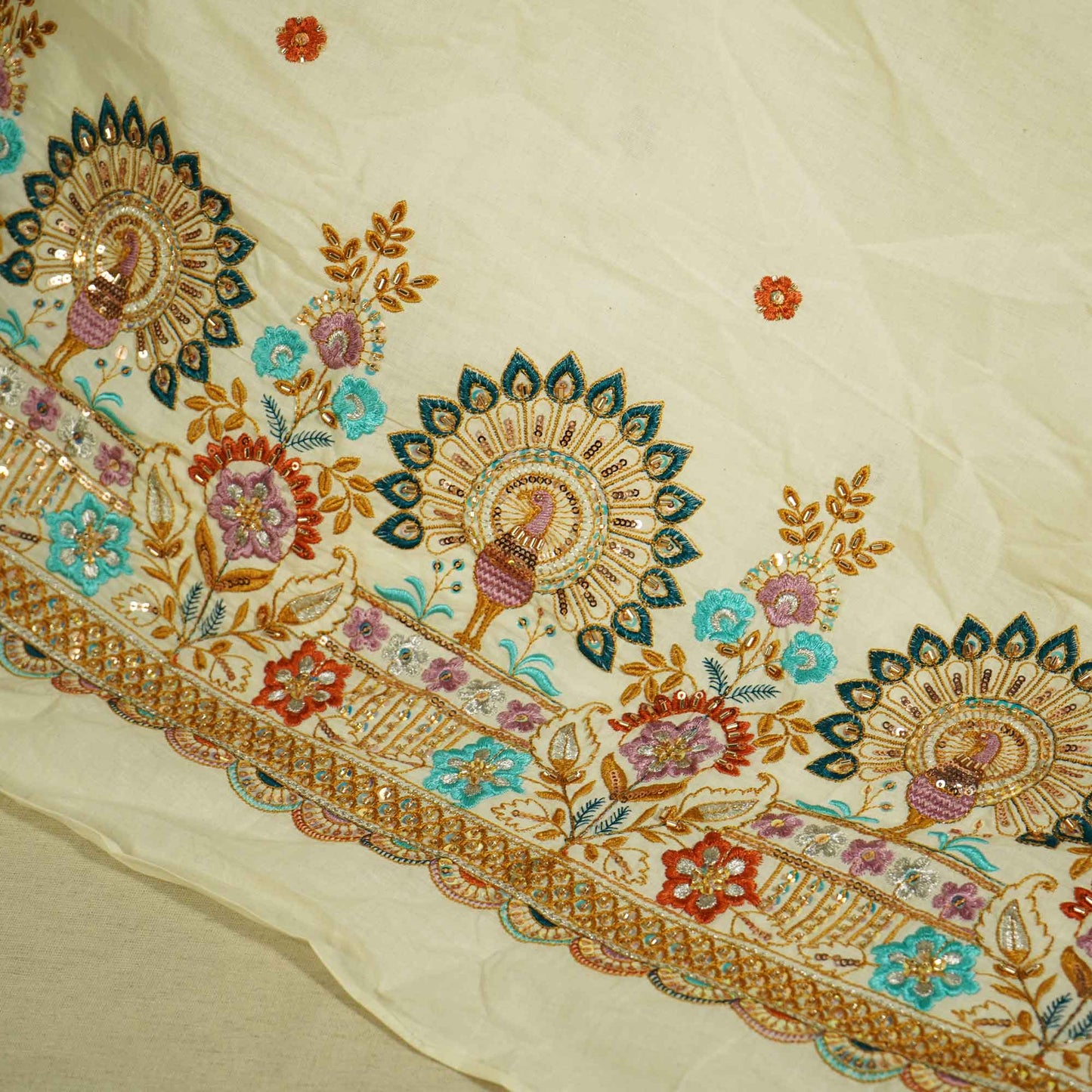 White Cutdana and Thread Embroidery Dyeable Cotton Fabric MTF-25877