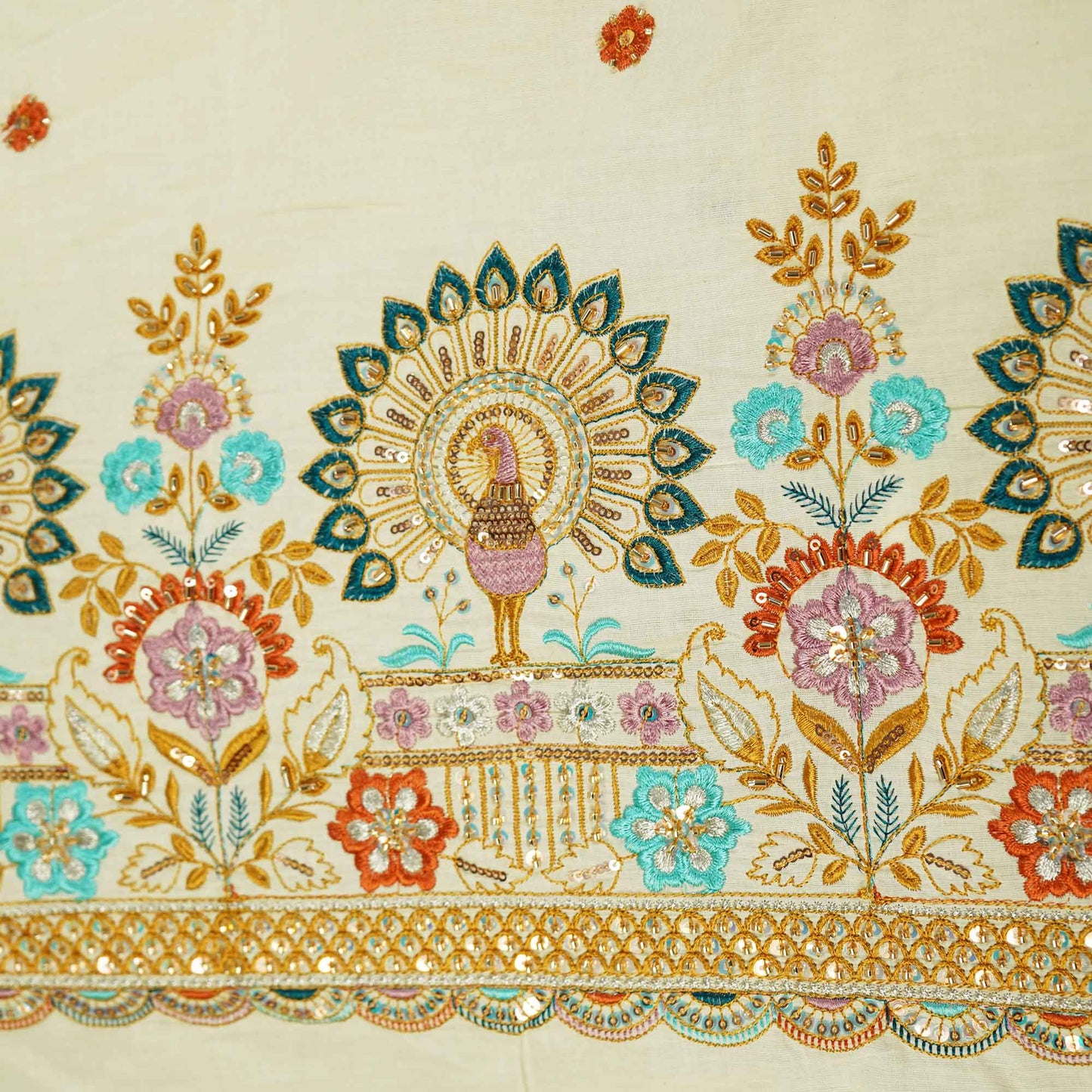 White Cutdana and Thread Embroidery Dyeable Cotton Fabric MTF-25877