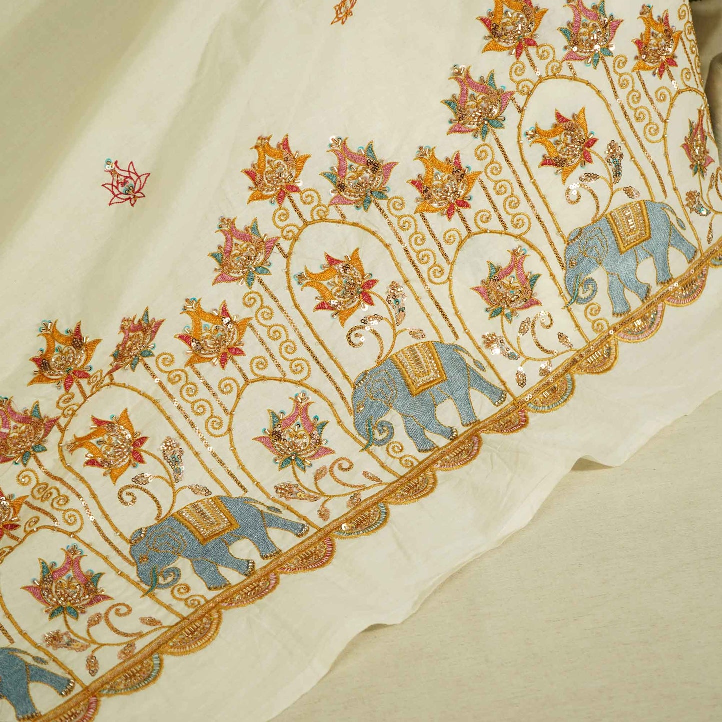 White Cutdana and Thread Embroidery Dyeable Cotton Fabric MTF-25879