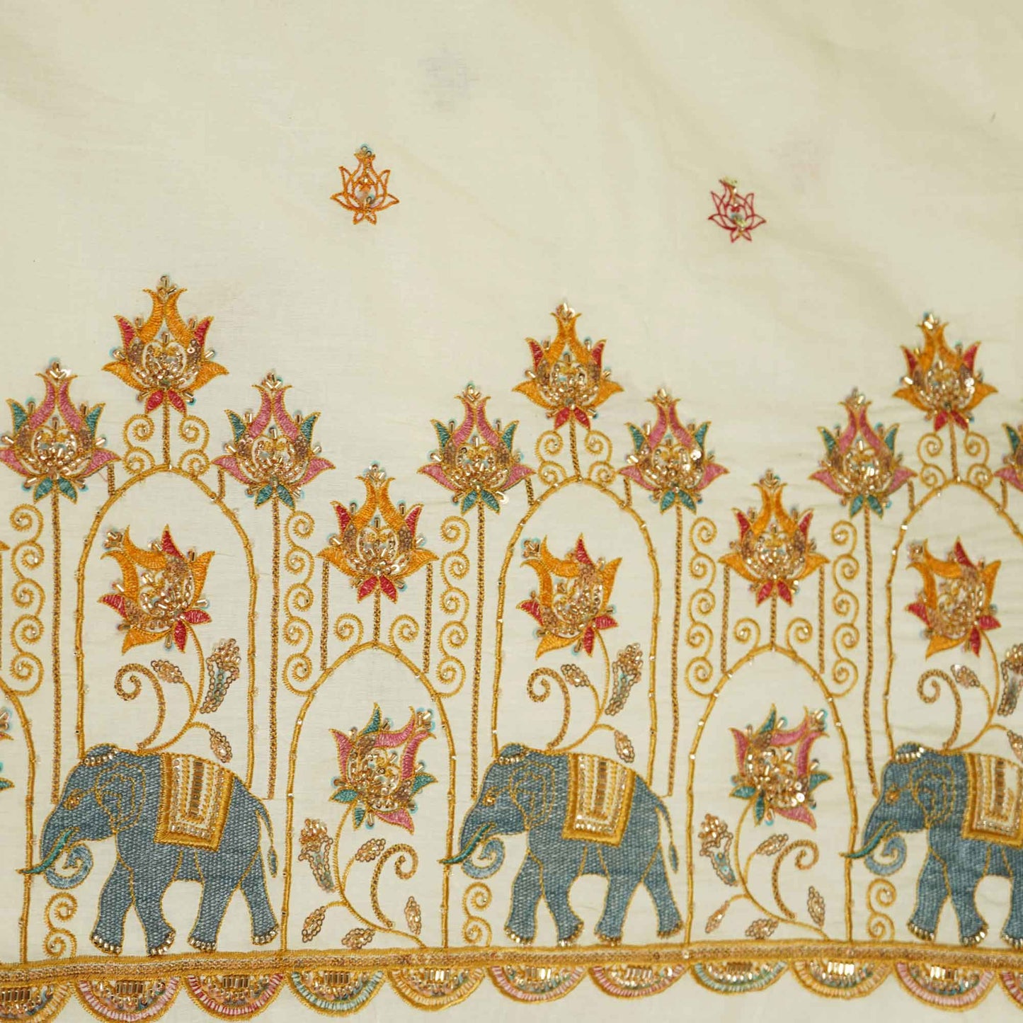 White Cutdana and Thread Embroidery Dyeable Cotton Fabric MTF-25879