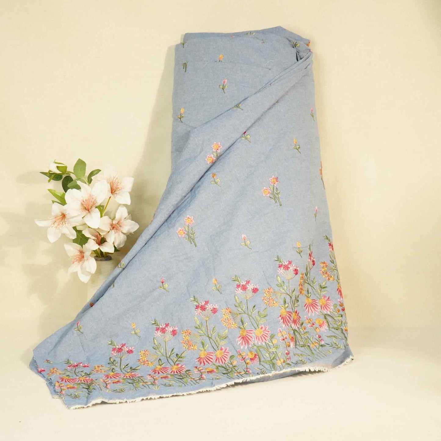 Powder Blue Thread Embroidery Denim Fabric AF-25885