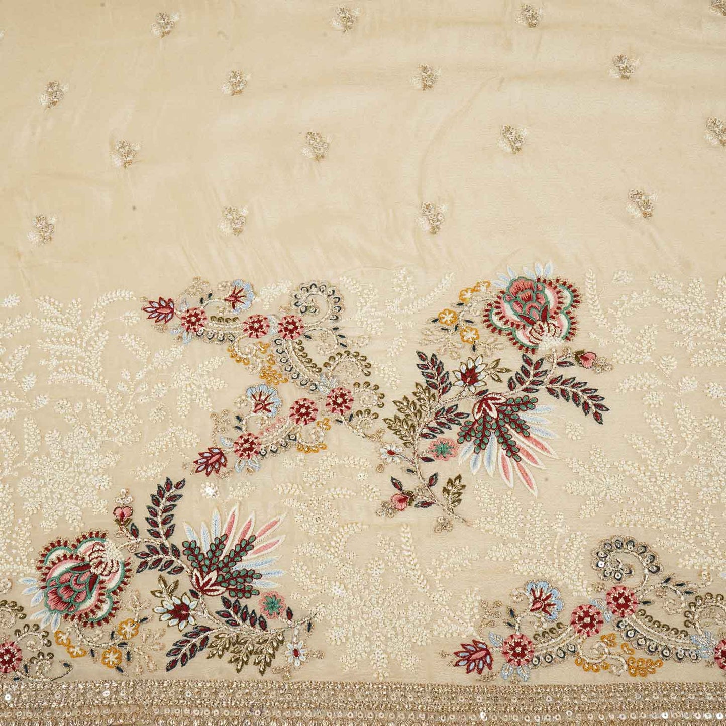 Cream Zari Sequins Embroidery Chinnon Fabric RA-28265