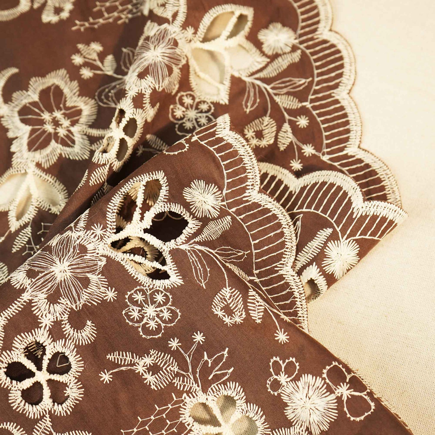 Dark Brown Floral Hakoba Embroidery Cotton Fabric CF-26523