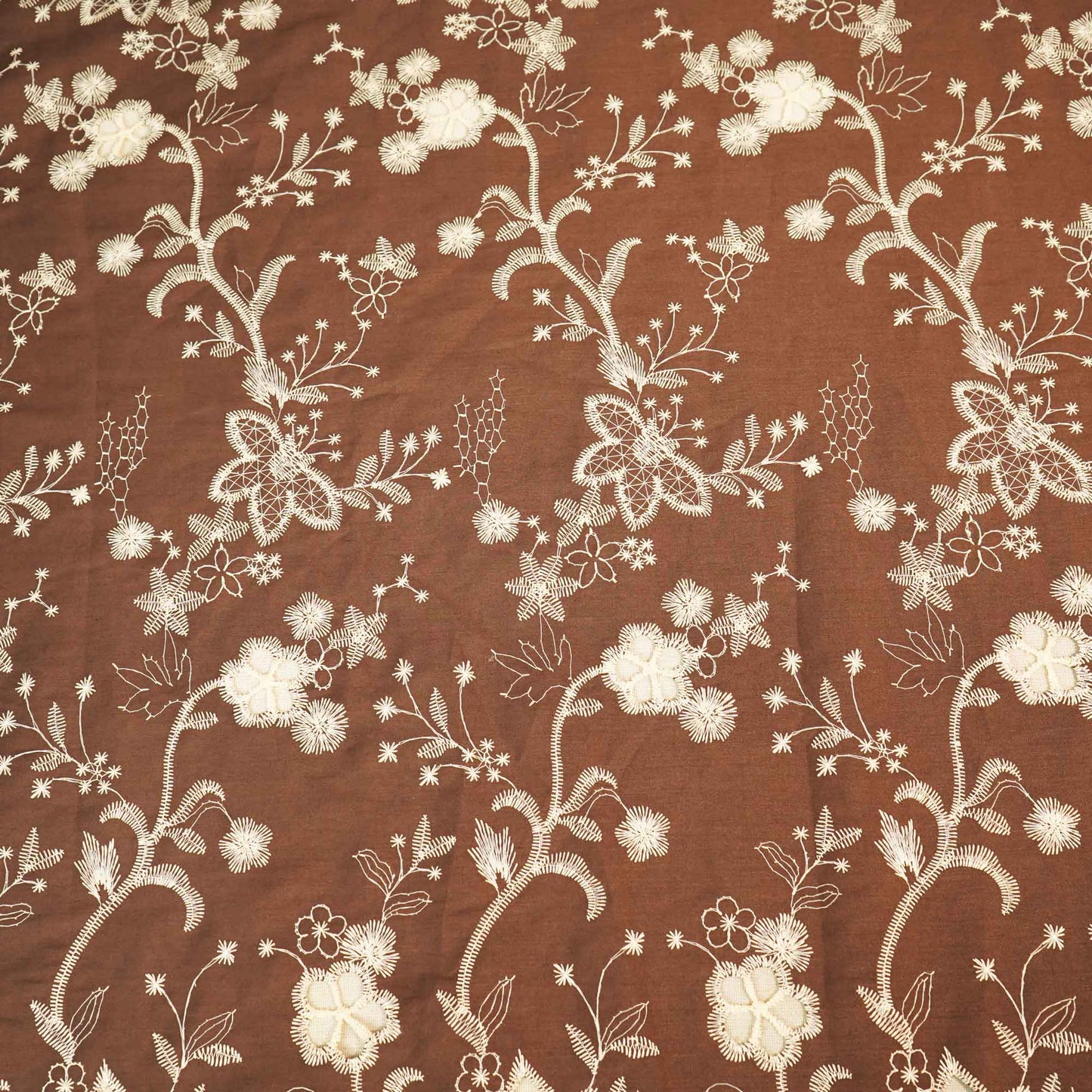 Dark Brown Floral Hakoba Embroidery Cotton Fabric CF-26523