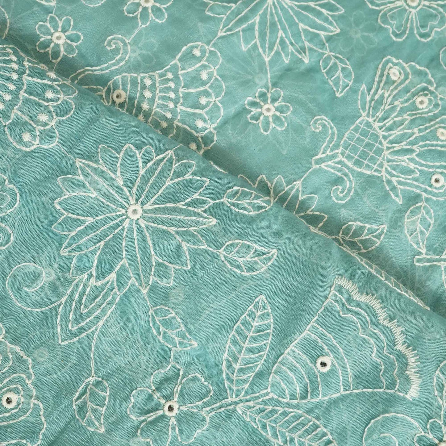 Light Green Hakoba Embroidery Mul Chanderi fabric Chanderi Dyed Fabric WI-26538