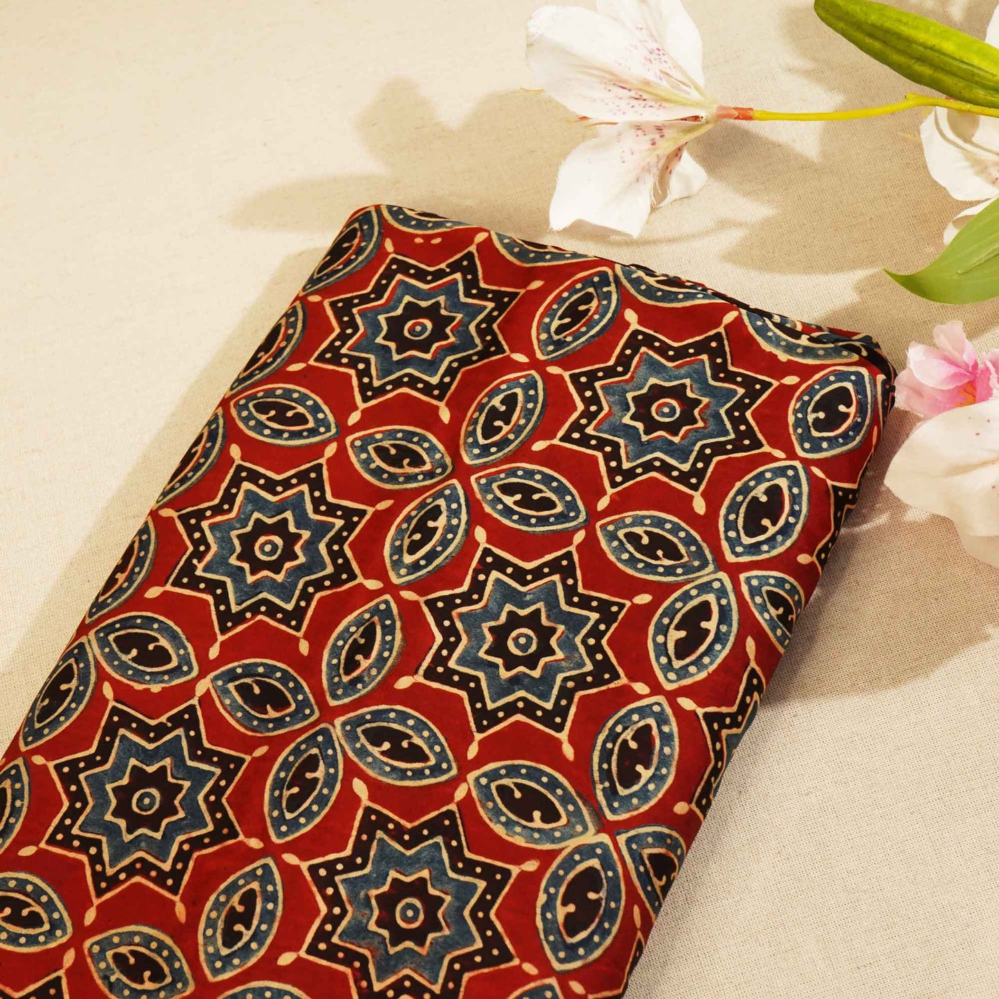 Red Ajrakh Modal Satin Fabric Modal Ajrakh IA-26895