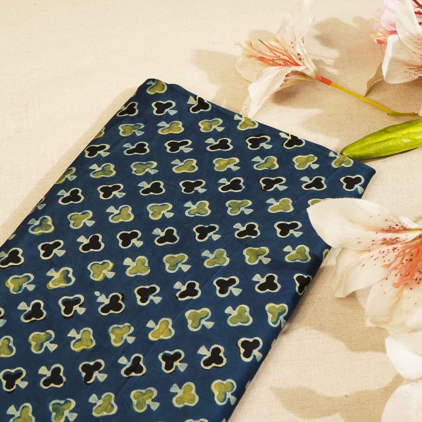 Navy Blue Handblock Modal Satin Fabric Modal Ajrakh IA-26903