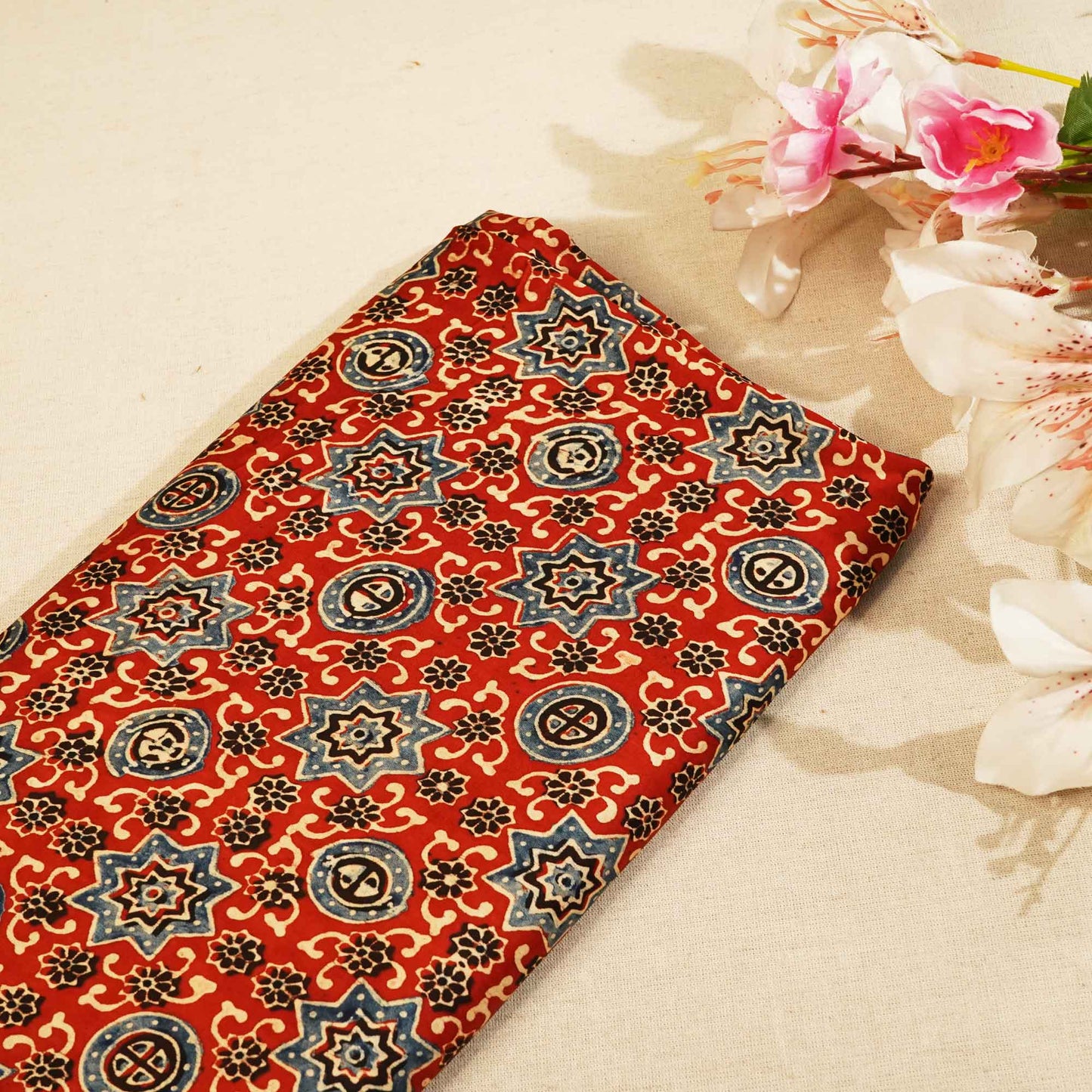 Red Ajrakh Modal Satin Fabric Modal Ajrakh IA-26911