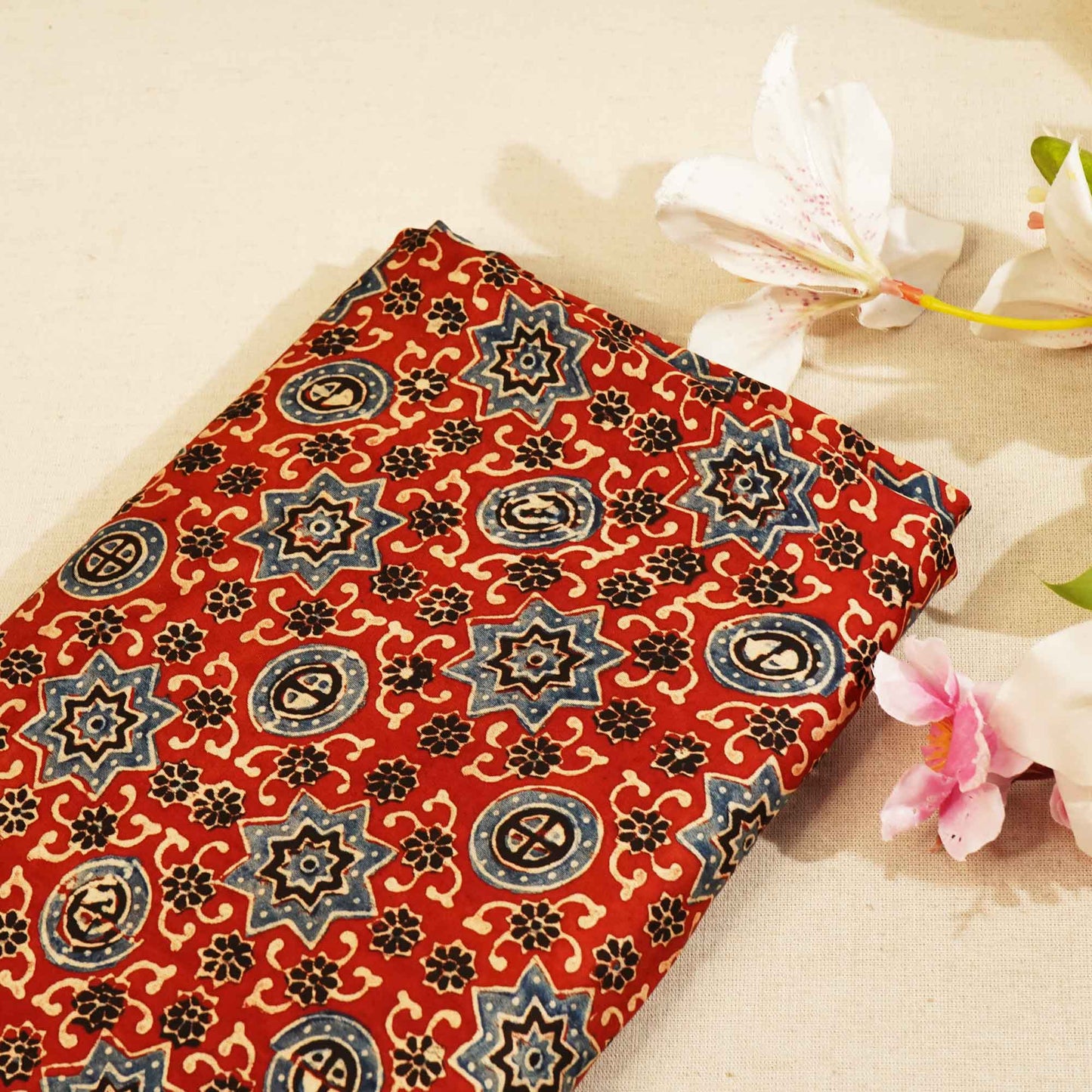 Red Ajrakh Modal Satin Fabric Modal Ajrakh IA-26913
