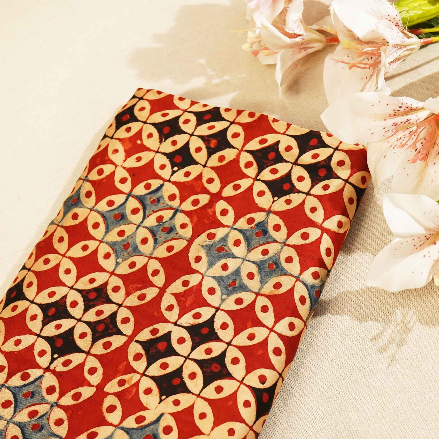 Red Geometrical Ajrakh Modal Satin Fabric Modal Ajrakh IA-26915