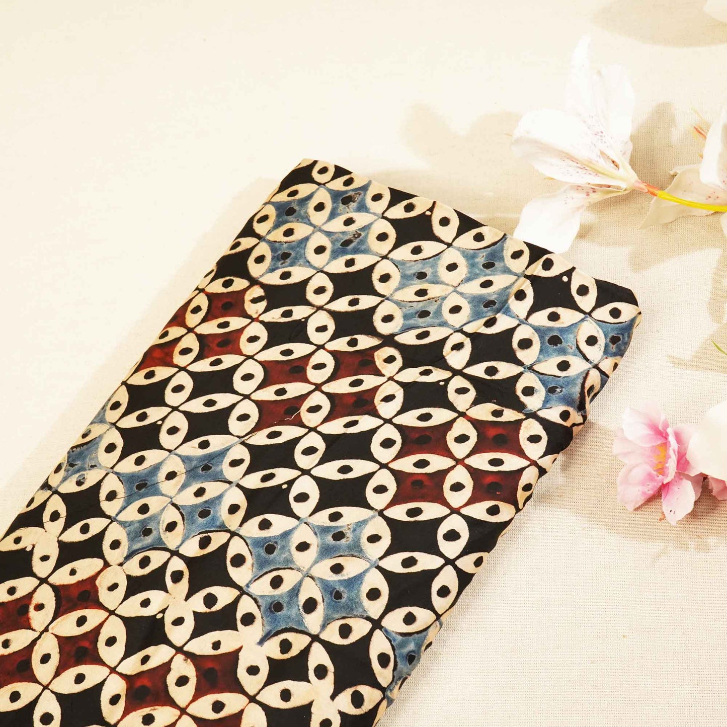 Black Geometrical Ajrakh Modal Satin Fabric Modal Ajrakh IA-26916