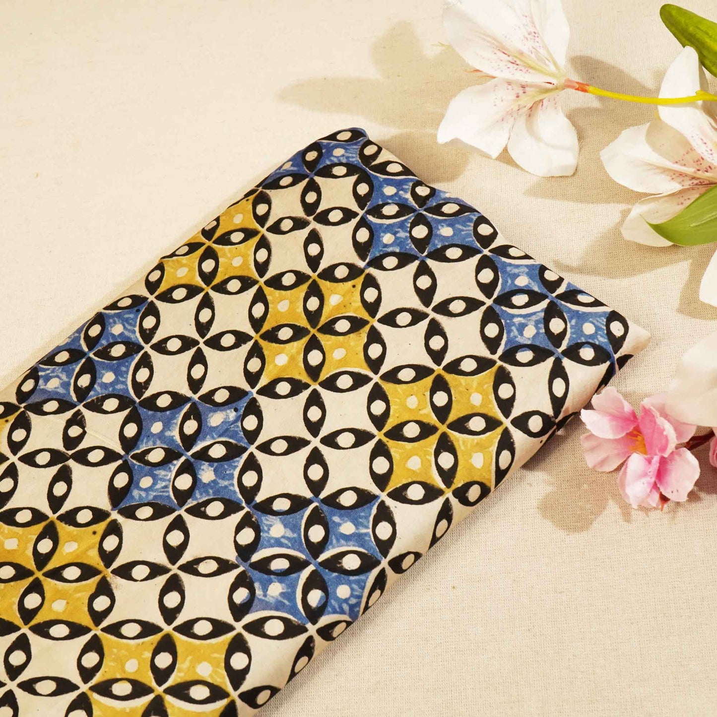 Cream Geometrical Ajrakh Modal Satin Fabric Modal Ajrakh IA-26918