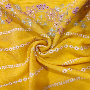 Yellow Hakoba Embroidery Crushed Malai Chanderi Fabric GL-26922 - TradeUNO