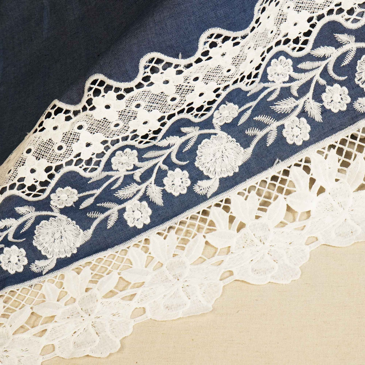 Blue Schiffli On Border Denim Fabric AF-26929