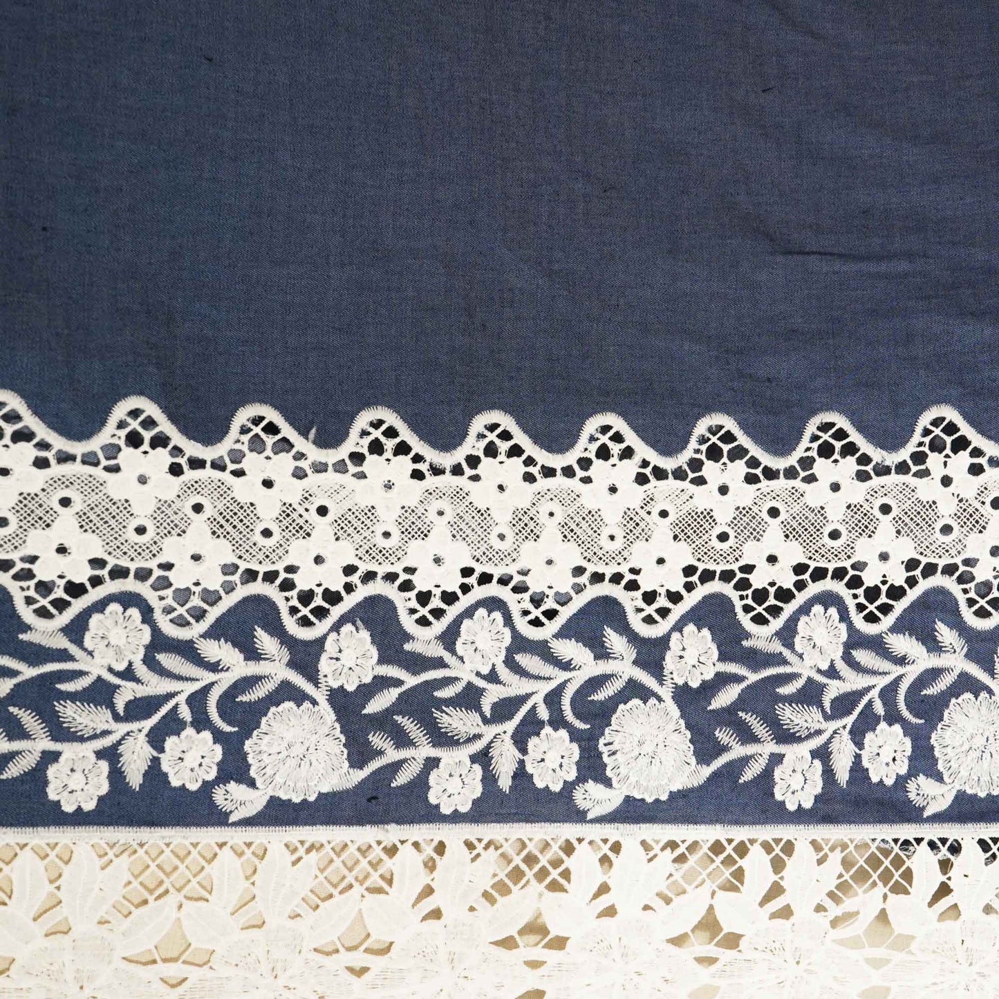Blue Schiffli On Border Denim Fabric AF-26929