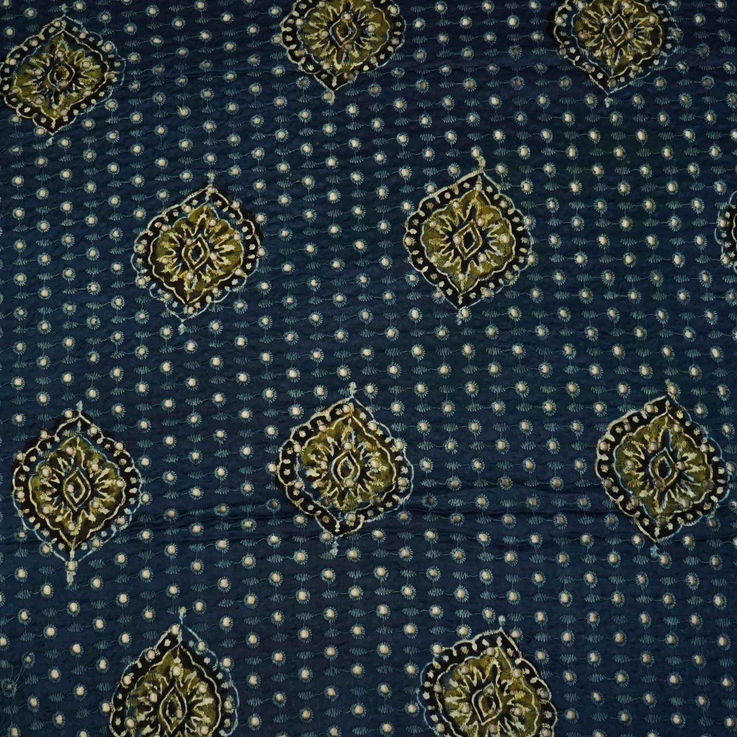 Blue Ajrakh Shiffli Modal Satin Fabric CA-26932