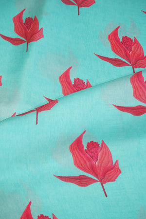 Light Blue Floral Print Satin Georgette-MTF-26949 - TradeUNO