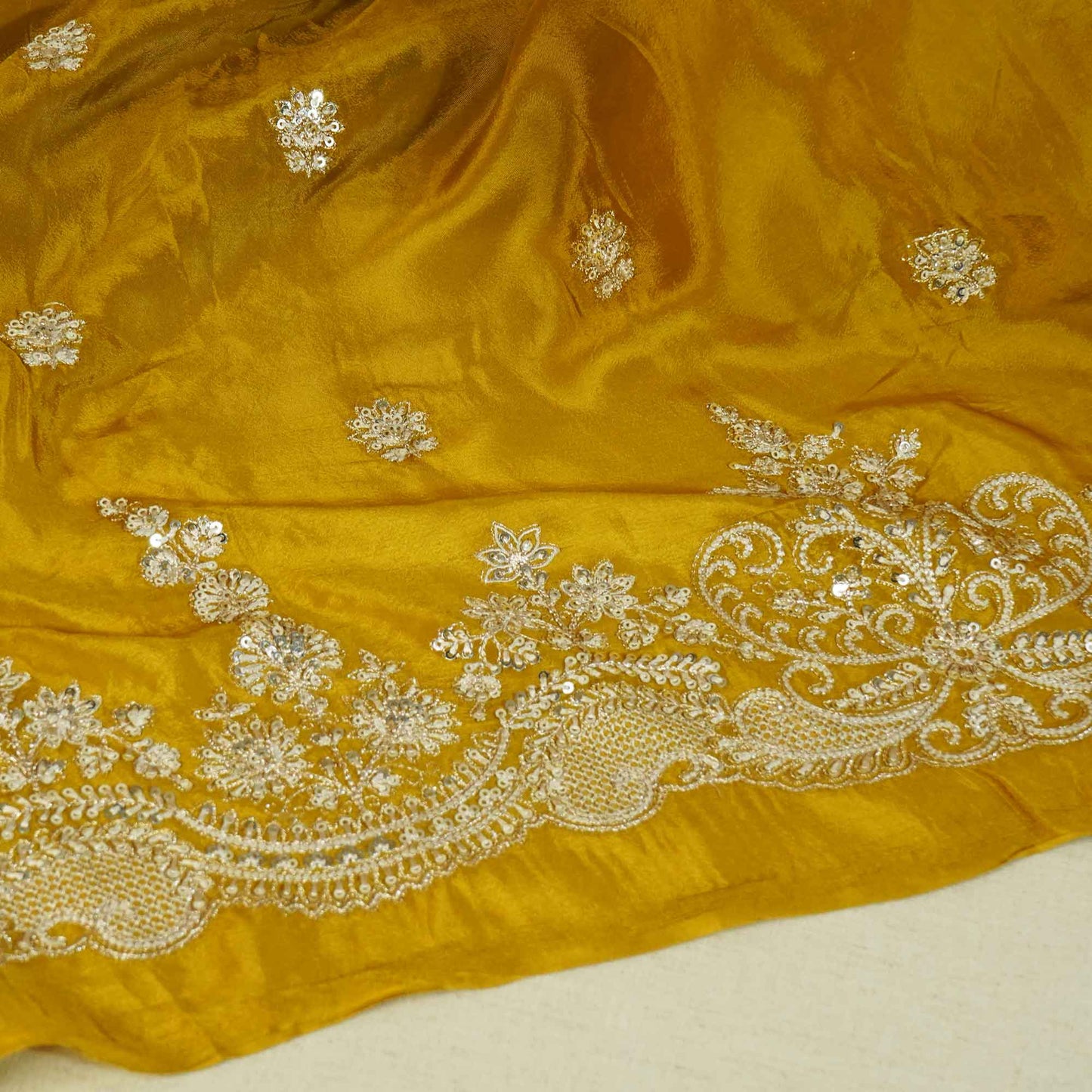 Yellow Silver Zari Embroidery Chinon Fabric RA-26952