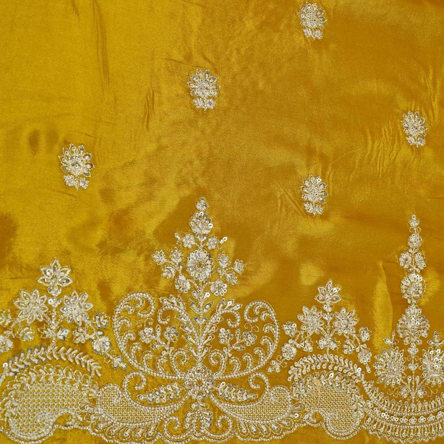Yellow Silver Zari Embroidery Chinon Fabric RA-26952