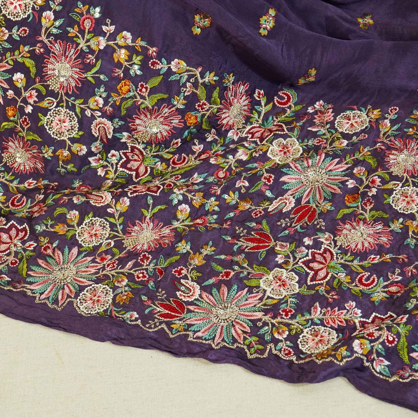 Purple Thread Embroidery Chinon Fabric RA-26953