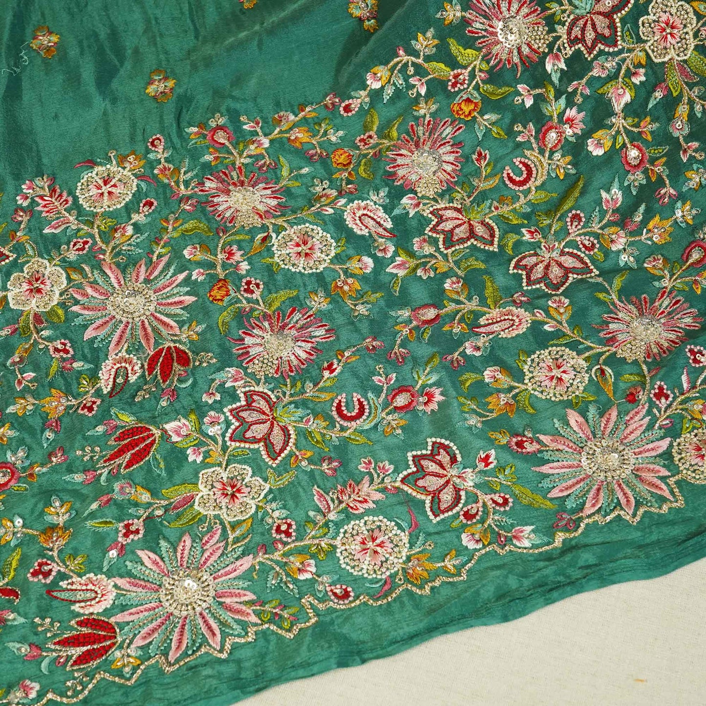 Light Green Thread Embroidery Chinon Fabric RA-26954
