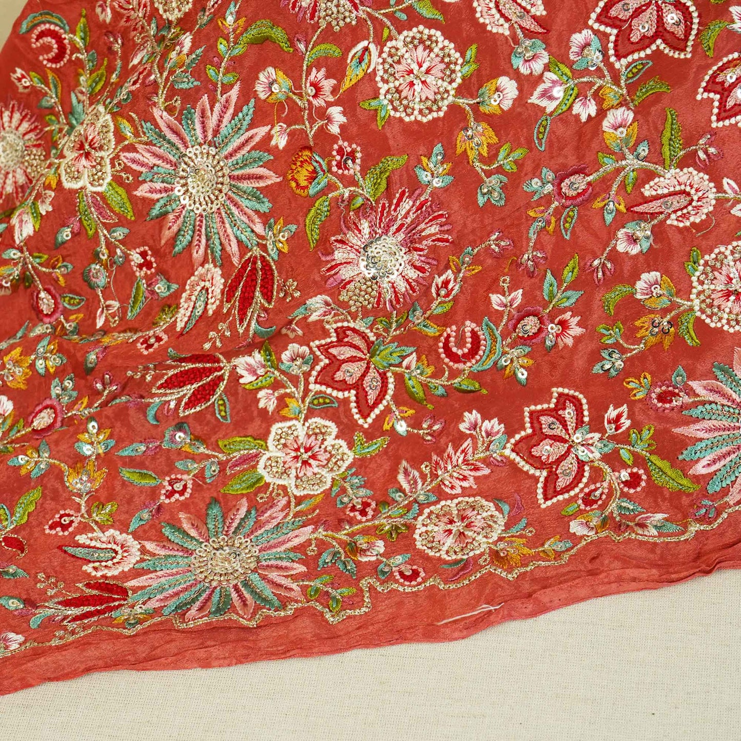 Peach Thread Embroidery Chinon Fabric RA-26955