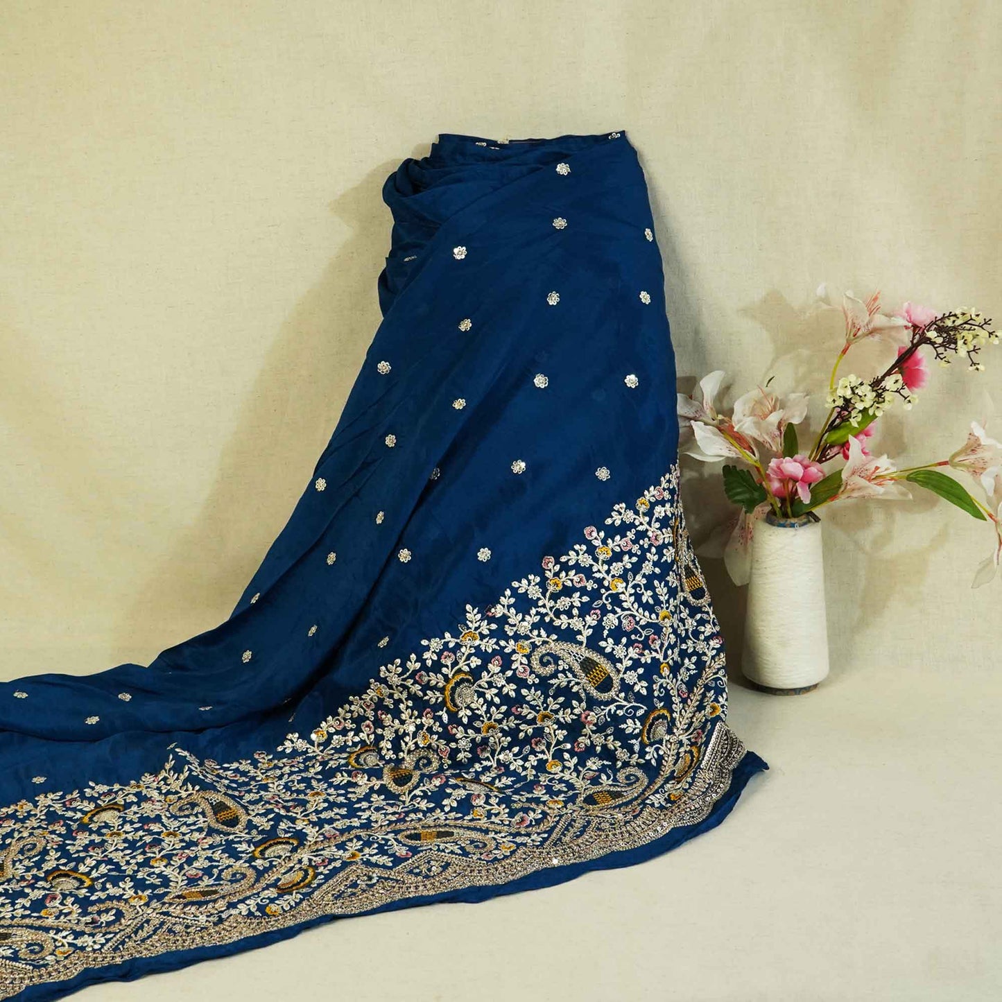 Navy Blue Thread Embroidery Chinon Fabric RA-26957
