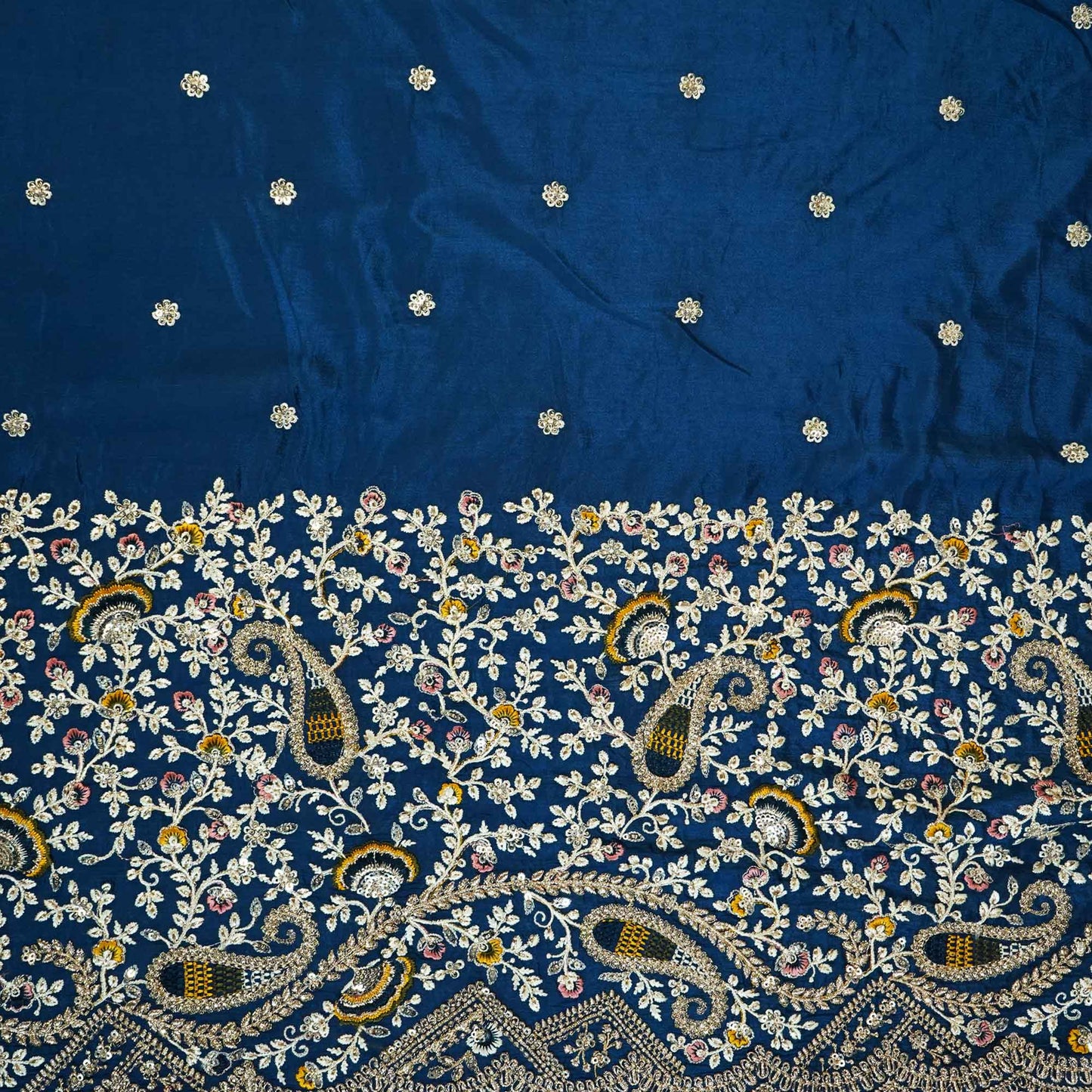 Navy Blue Thread Embroidery Chinon Fabric RA-26957