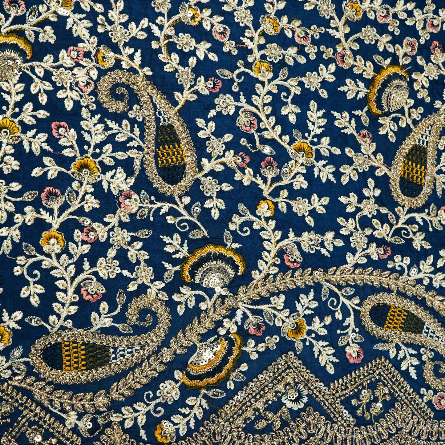 Navy Blue Thread Embroidery Chinon Fabric RA-26957