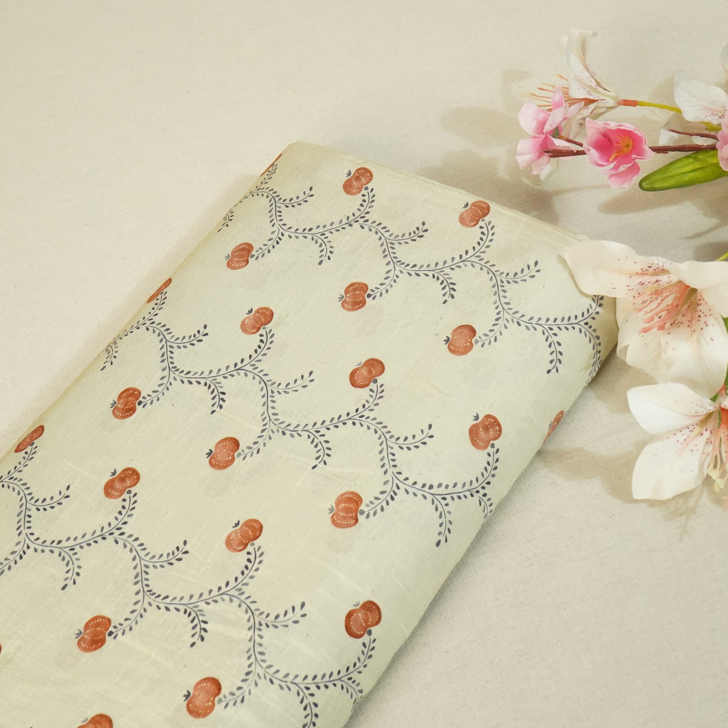 Beige Floral Print Raw Silk Fabric Row Silk-SNTF-26970