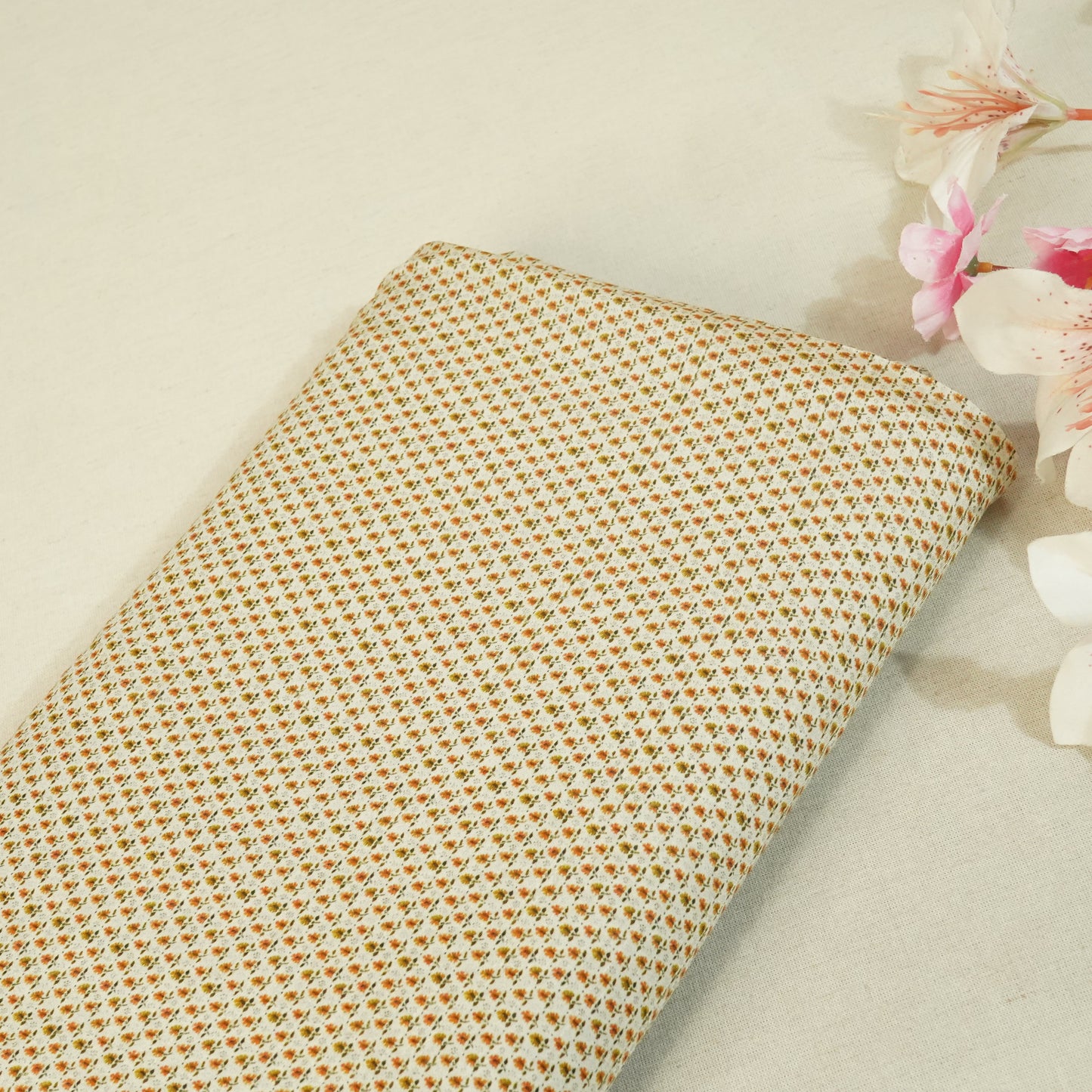 Beige N Yellow Floral Print Raw Silk Fabric-SNTF-26971