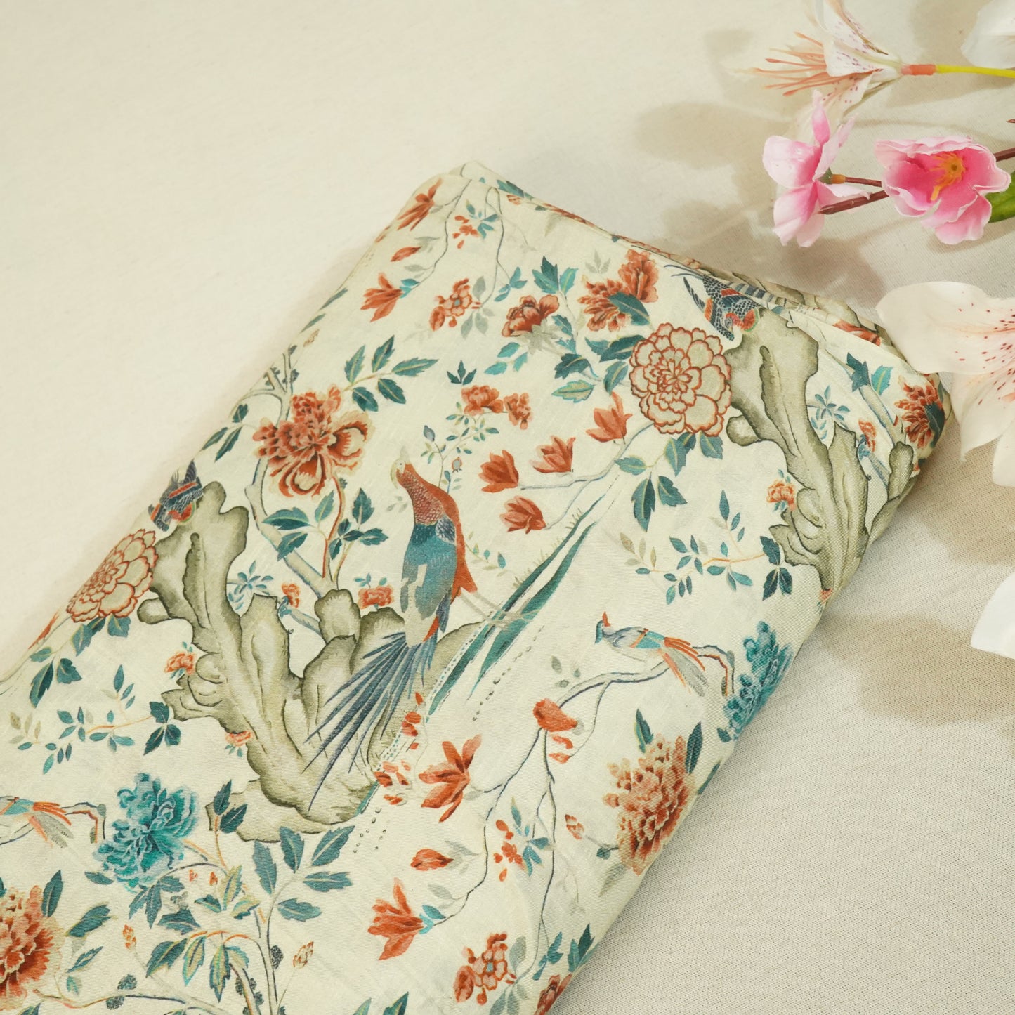 Beige N Orange Floral Raw Silk Fabric-SNTF-26972