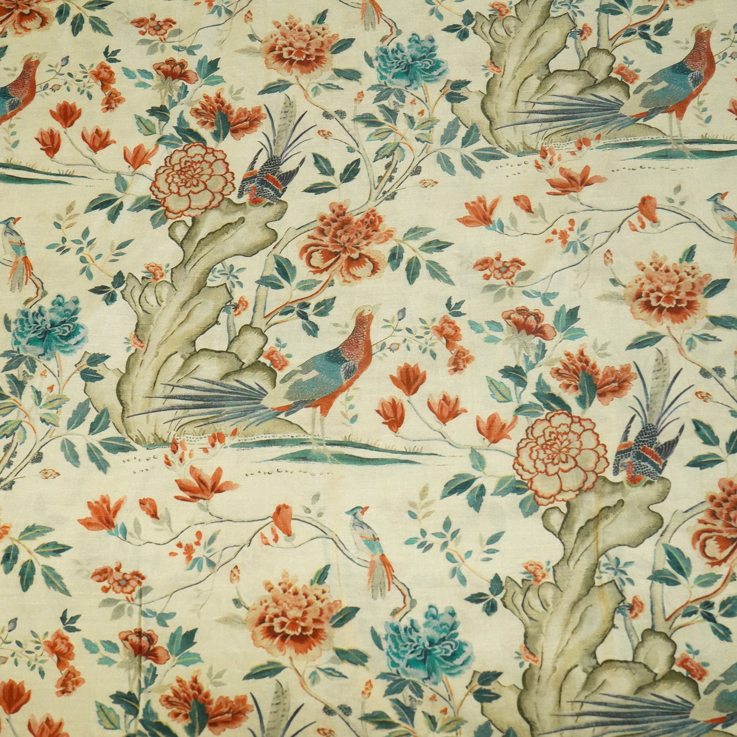 Beige N Orange Floral Raw Silk Fabric-SNTF-26972