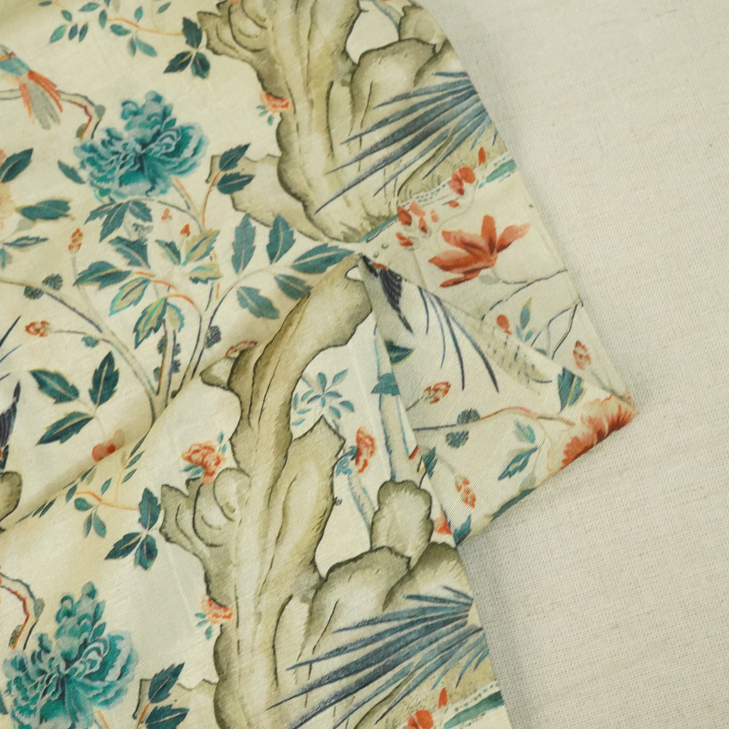 Beige N Orange Floral Raw Silk Fabric-SNTF-26972
